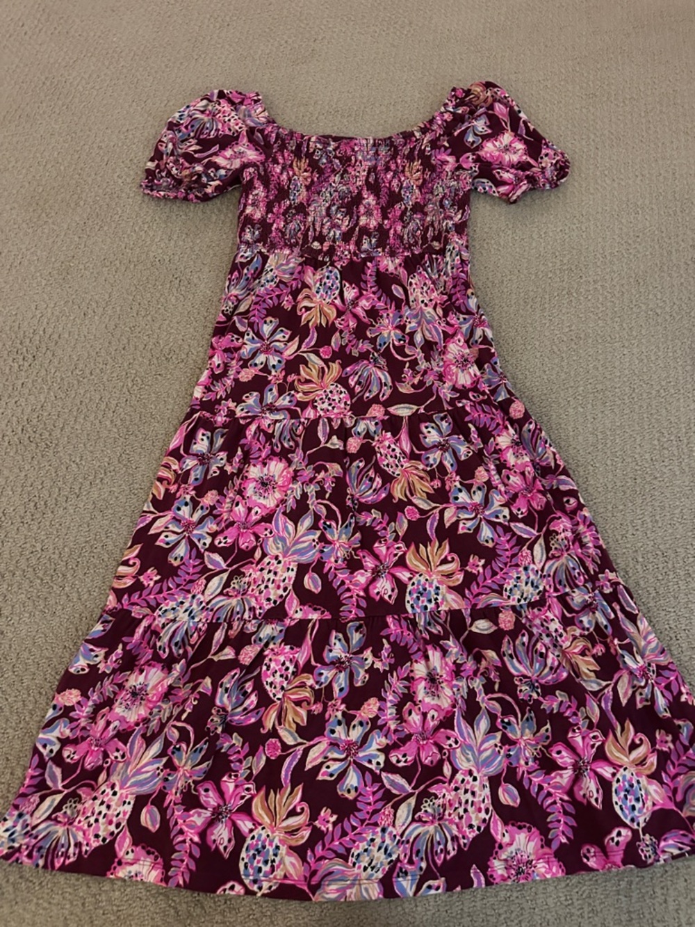 Lilly Pulitzer Girls Floral Puff-Sleeve Dress in Berry Pink and Purple